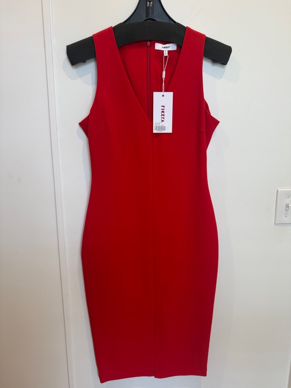 Likely Red Sleeveless V-Neck Midi Sheath Dress